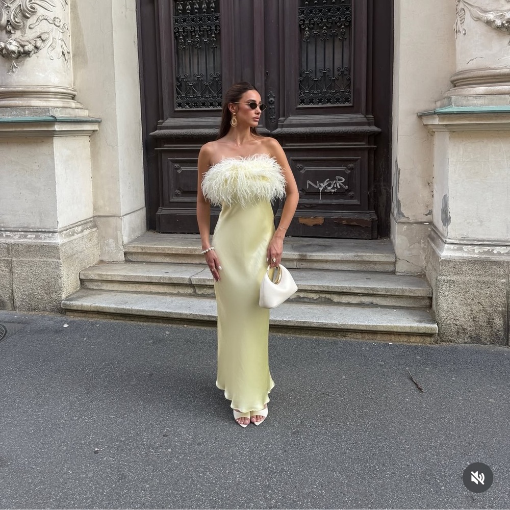ZARA FEATHERED SATIN MIDI DRESS SIE M